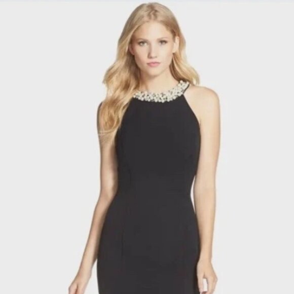 ELIZA J EMBELLISHED NECK- BLACK SHEATH SLEEVELESS DRESS - SIZE 14 - Picture 2 of 16